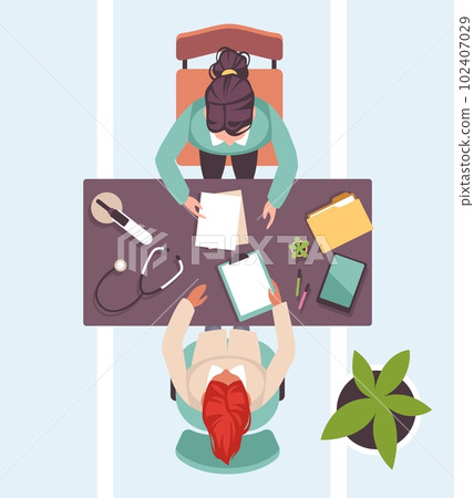 Top view of doctors desk, doctor is receiving visitor. Therapist and patient, professional medical consultation and treatment in clinic. Cartoon flat isolated vector medicine concept 102407029