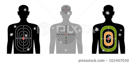 Target human silhouette. Male body shape boards for shooting, marking accuracy, bullet mark, shooting range equipment, pistol shoot, police or military training, nowaday vector isolated set 102407030