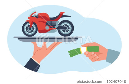 Motorcycle sale, motorcycle rental, seller gives bike and buyer money. Customer with cash and agent with transport. New vehicle buying or renting cartoon flat isolated vector concept Motorcycle sale, motorcycle rental, seller gives bike and buyer money. Customer with cash and agent with transport. New vehicle buying or renting cartoon flat isolated vector concept 102407048