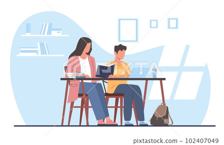 Mom helps her son do his homework. Mother with kid sitting at desk with books. Clever boy studying at home, schoolchild learning with parent. Cartoon flat style isolated vector concept Mom helps her son do his homework. Mother with kid sitting at desk with books. Clever boy studying at home, schoolchild learning with parent. Cartoon flat style isolated vector concept 102407049