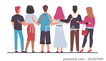 Male and female friends standing together, embracing each other, view from back. Cheerful persons, happy hugging team. Young men and women cartoon flat style isolated vector concept 102407065