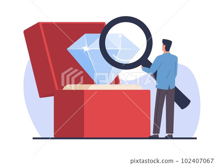 Jewelers appraiser looks at large diamond through magnifying glass. Man examines gemstone. Quality check process. Jewellery expert, male character cartoon flat isolated vector concept Jewelers appraiser looks at large diamond through magnifying glass. Man examines gemstone. Quality check process. Jewellery expert, male character cartoon flat isolated vector concept 102407067