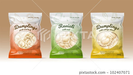 Dumplings packaging design. Realistic plastic bags with frozen ravioli, dumplings and varenyky different types, dough with fillings vial, pork and cheese, 3d isolated element utter vector set Dumplings packaging design. Realistic plastic bags with frozen ravioli, dumplings and varenyky different types, dough with fillings vial, pork and cheese, 3d isolated element utter vector set 102407071