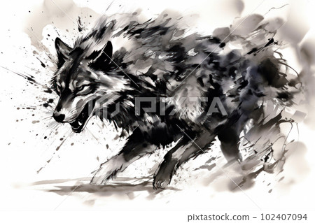 A lively sumi-e wolf 102407094