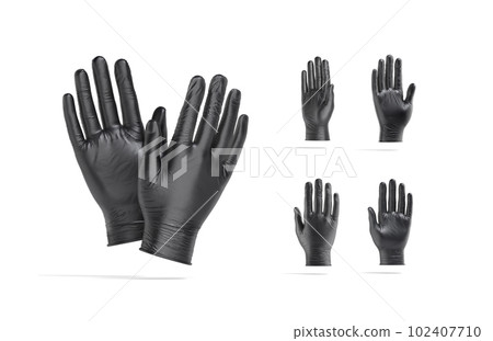 Blank black rubber gloves palm mockup, different views 102407710