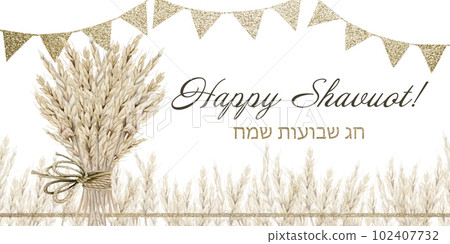 Watercolor Happy Shavuot horizontal greeting banner, wheat field, bouquet, gold flags, Hebrew Chag Sameach illustration 102407732