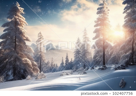Beautiful snow-covered forest day fir trees, pines, it's snowing. Mountains and the sun. 102407756
