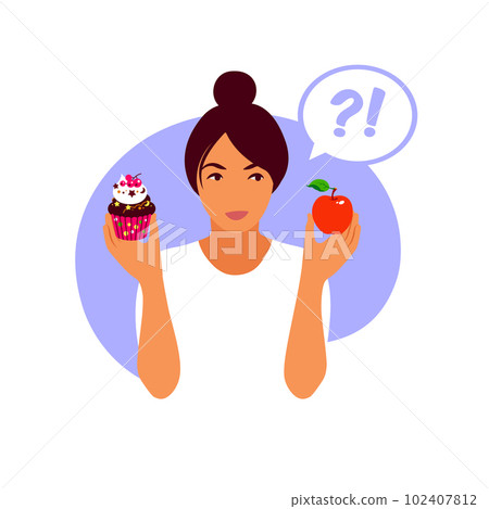 Woman choosing between healthy meal and unhealthy food. Lifestyle and nutrition concept. Vector illustration for good vs bad diet, lifestyle, eating concepts. Flat illustration. 102407812