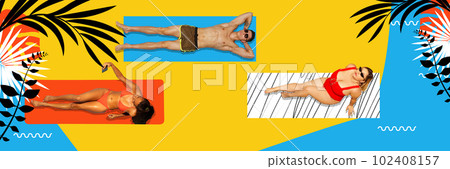 Pop art with happy people women and man wearing swimsuit lying on sunbed and taking sunbath over oceanside background. Summer recreation Pop art with happy people women and man wearing swimsuit lying on sunbed and taking sunbath over oceanside background. Summer recreation 102408157