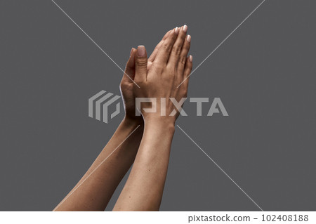 Female hands showing gesture of praying against grey background. Social issues, freedom of speech, equality 102408188