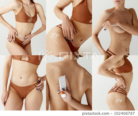 Collage with cropped image of female body in orange underwear with sunscreen on skin over white color studio background. Sun protection cosmetic 102408787