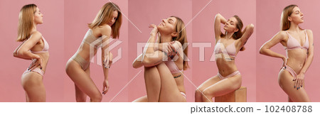 Collage with beautiful, young girl, model with silk shine hair wearing swimsuit posing over pink studio background. Natural beauty 102408788