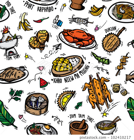 cute doodle cartoon regional tasty Thai foods popular menu , desserts ,fruit and ingredients. drawing seamless pattern background vector outline colorful hand drawn for Thai street foods isolated 102410217