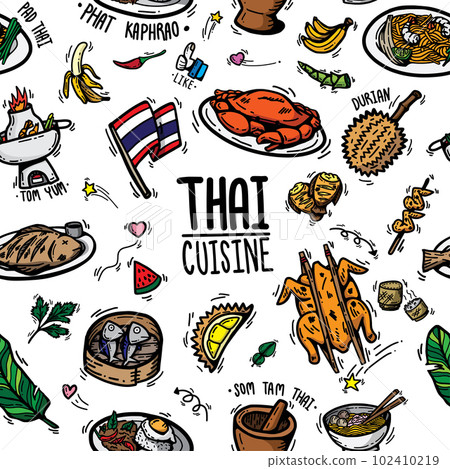 cute doodle cartoon regional tasty Thai foods popular menu , desserts ,fruit and ingredients. drawing seamless pattern background vector outline colorful hand drawn for Thai street foods isolated 102410219