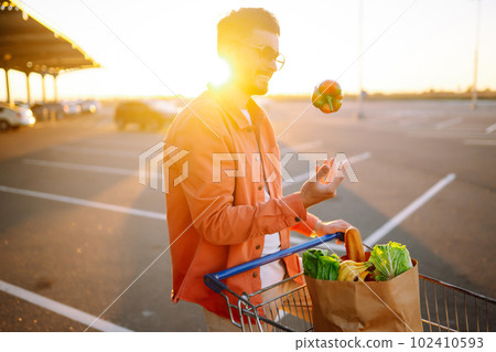 Young man with shopping bag full of vegetables near the car. Handsome man after shopping. 102410593
