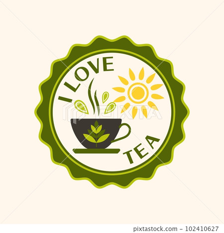 Label with hot tea mug , sun and text I Love Tea. Simple geometric style. Vector 102410627