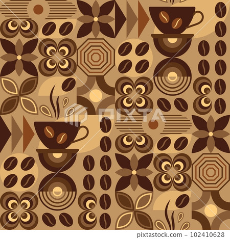Coffee theme seamless pattern in simple geometric style with abstact shapes. Dark roast level coffee. Good for branding, decoration of food package, cover design, decorative print, background 102410628