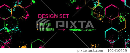 Horizontal banner with hexagons, paint brush strokes, spattered paint of neon bright colors. Virtual abstract poster, header for website with copy space. Clip art with design elements, art brushes. Horizontal banner with hexagons, paint brush strokes, spattered paint of neon bright colors. Virtual abstract poster, header for website with copy space. Clip art with design elements, art brushes. 102410629