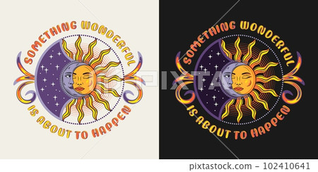 Label with eclipse with sun, crescent moon, text. Mythological fairytale characters with face, magic, mystical, astrology symbols. For clothing, apparel, T-shirts, surface decoration, kids design 102410641