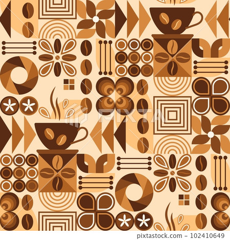 Coffee theme seamless pattern in simple geometric style with abstact shapes. Medium roast level coffee. Good for branding, decoration of food package, cover design, decorative print, background Coffee theme seamless pattern in simple geometric style with abstact shapes. Medium roast level coffee. Good for branding, decoration of food package, cover design, decorative print, background 102410649