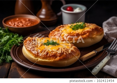 Tasty crusty Hungarian langos served with sour cream, grated cheese and ham and corn with herbs. Generative Ai Tasty crusty Hungarian langos served with sour cream, grated cheese and ham and corn with herbs. Generative Ai 102411454