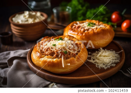 Tasty crusty Hungarian langos served with sour cream, grated cheese and ham and corn with herbs. Generative Ai Tasty crusty Hungarian langos served with sour cream, grated cheese and ham and corn with herbs. Generative Ai 102411459