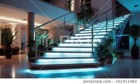 Stairs with LED lighting in a modern interior. Ai generated. Stairs with LED lighting in a modern interior. Ai generated. 102411460