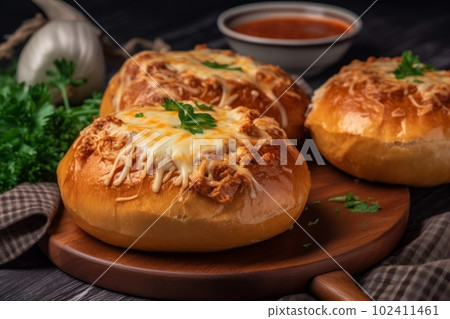 Tasty crusty Hungarian langos served with sour cream, grated cheese and ham and corn with herbs. Generative Ai Tasty crusty Hungarian langos served with sour cream, grated cheese and ham and corn with herbs. Generative Ai 102411461