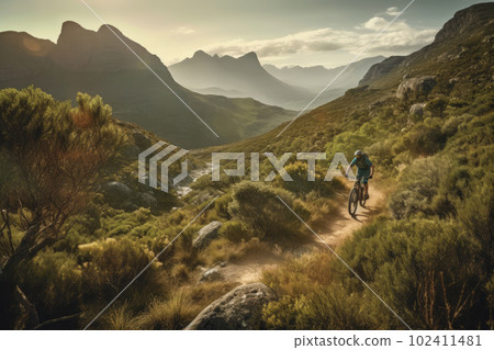 High-speed mountain biking , featuring a daring rider navigating a rugged, rocky trail, with a breathtaking mountain vista as the backdrop. Generative AI High-speed mountain biking , featuring a daring rider navigating a rugged, rocky trail, with a breathtaking mountain vista as the backdrop. Generative AI 102411481