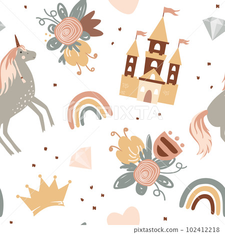 Princess seamless pattern in Scandinavian style. Castle, rainbow, flowers, and diamonds. Vector boho background, adorable textile design for children. Princess seamless pattern in Scandinavian style. Castle, rainbow, flowers, and diamonds. Vector boho background, adorable textile design for children. 102412218