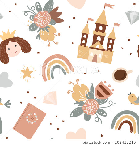 Fairytale reading. Princess seamless pattern in Scandinavian style. Castle, rainbow, flowers, and diamonds. Vector boho background, adorable textile design for children Fairytale reading. Princess seamless pattern in Scandinavian style. Castle, rainbow, flowers, and diamonds. Vector boho background, adorable textile design for children 102412219