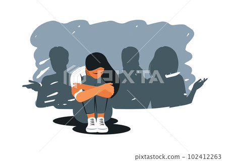 Social phobia, anxiety disorder consept. Sad woman struggle with loneliness and solitude in crowd. Outcast. Vector illustration. Social phobia, anxiety disorder consept. Sad woman struggle with loneliness and solitude in crowd. Outcast. Vector illustration. 102412263