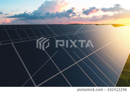 Rows of solar panels in a field on a background of green grass. Ground power plant of alternative electricity Rows of solar panels in a field on a background of green grass. Ground power plant of alternative electricity 102412296