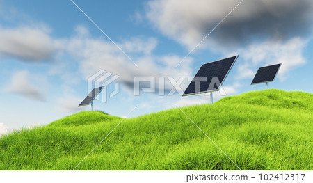 Rows of solar panels in a field on a background of green grass. Ground power plant of alternative electricity 102412317