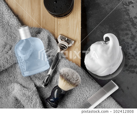 Shaving accessories set on a black background mockup flat lay 102412808
