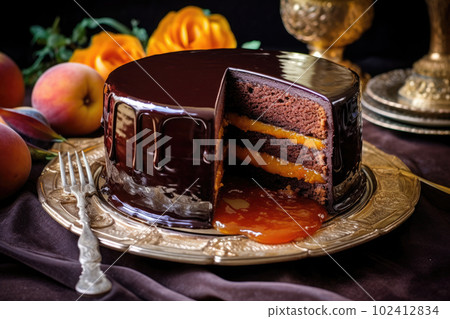 Chocolate Sacher cake with apricot jam on wooden table. Traditional Austrian dessert. Ai generative Chocolate Sacher cake with apricot jam on wooden table. Traditional Austrian dessert. Ai generative 102412834
