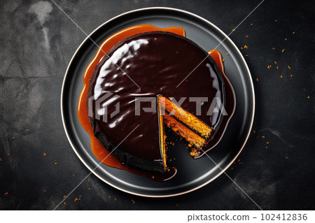 Chocolate Sacher cake with apricot jam on wooden table. Traditional Austrian dessert. Ai generative Chocolate Sacher cake with apricot jam on wooden table. Traditional Austrian dessert. Ai generative 102412836