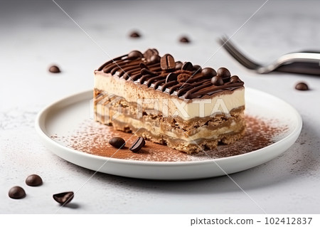 portion of gourmet tiramisu Italian dessert served on a plate at gray table in a side view. Ai generative 102412837