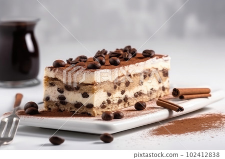 portion of gourmet tiramisu Italian dessert served on a plate at gray table in a side view. Ai generative portion of gourmet tiramisu Italian dessert served on a plate at gray table in a side view. Ai generative 102412838