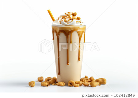 Frappe drink with caramel an nuts isolated on white background. AI generative. 102412849