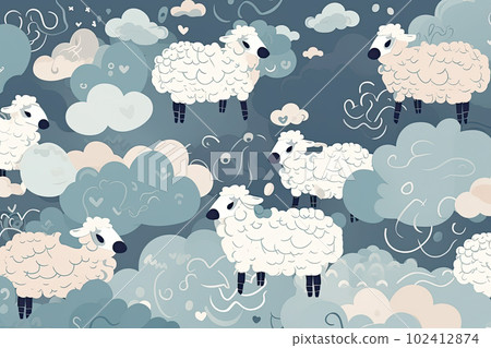 Clouds and some sheep illustration. AI generative. 102412874