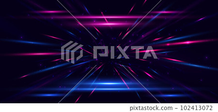 Abstract technology futuristic neon glowing blue and pink light lines with speed motion blur effect on dark blue background. Abstract technology futuristic neon glowing blue and pink light lines with speed motion blur effect on dark blue background. 102413072