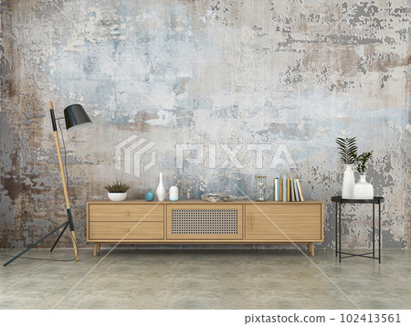 living room interior with wooden sideboard 3D rendering living room interior with wooden sideboard 3D rendering 102413561
