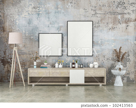 living room interior with wooden sideboard and mock up frame 3D rendering living room interior with wooden sideboard and mock up frame 3D rendering 102413563