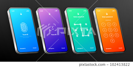 Screen lock authentication password smartphone template. Phone ID recognition screen lock password or lock screen passcode numbers display. Phone lock screen. Vector illustration. 102413822