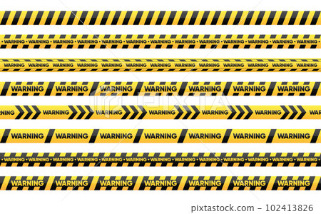 Stripes of black and yellow. Set of seamless danger warning tapes. Abstract warning lines for danger, police and caution. Line art design of crime scenes. Vector Illustration. Stripes of black and yellow. Set of seamless danger warning tapes. Abstract warning lines for danger, police and caution. Line art design of crime scenes. Vector Illustration. 102413826