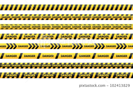 Stripes of black and yellow. Set of seamless danger warning tapes. Abstract warning lines for danger, police and caution. Line art design of crime scenes. Vector Illustration. 102413829