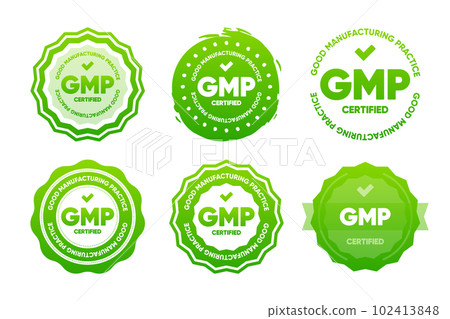 GMP Certified stamps collection. Good Manufacturing Practices. Certified round seal isolated on white background. Vector Illustration. GMP Certified stamps collection. Good Manufacturing Practices. Certified round seal isolated on white background. Vector Illustration. 102413848