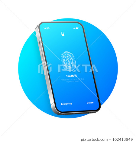 Screen lock authentication password smartphone template. Phone Touch ID recognition screen lock password display. Phone lock screen. Vector illustration. 102413849