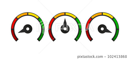 Speedometer, gauge meter signs. Scale, level of performance. Speed dial indicator. Low and high barometers. Infographic of risk, gauge, score progress. Fast speed concept. Vector illustration. Speedometer, gauge meter signs. Scale, level of performance. Speed dial indicator. Low and high barometers. Infographic of risk, gauge, score progress. Fast speed concept. Vector illustration. 102413868